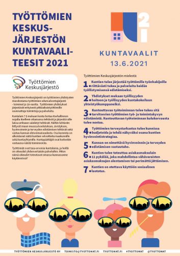 Työttömien Keskusjärjestön kuntavaaliteesit 2021 -juliste (A3)