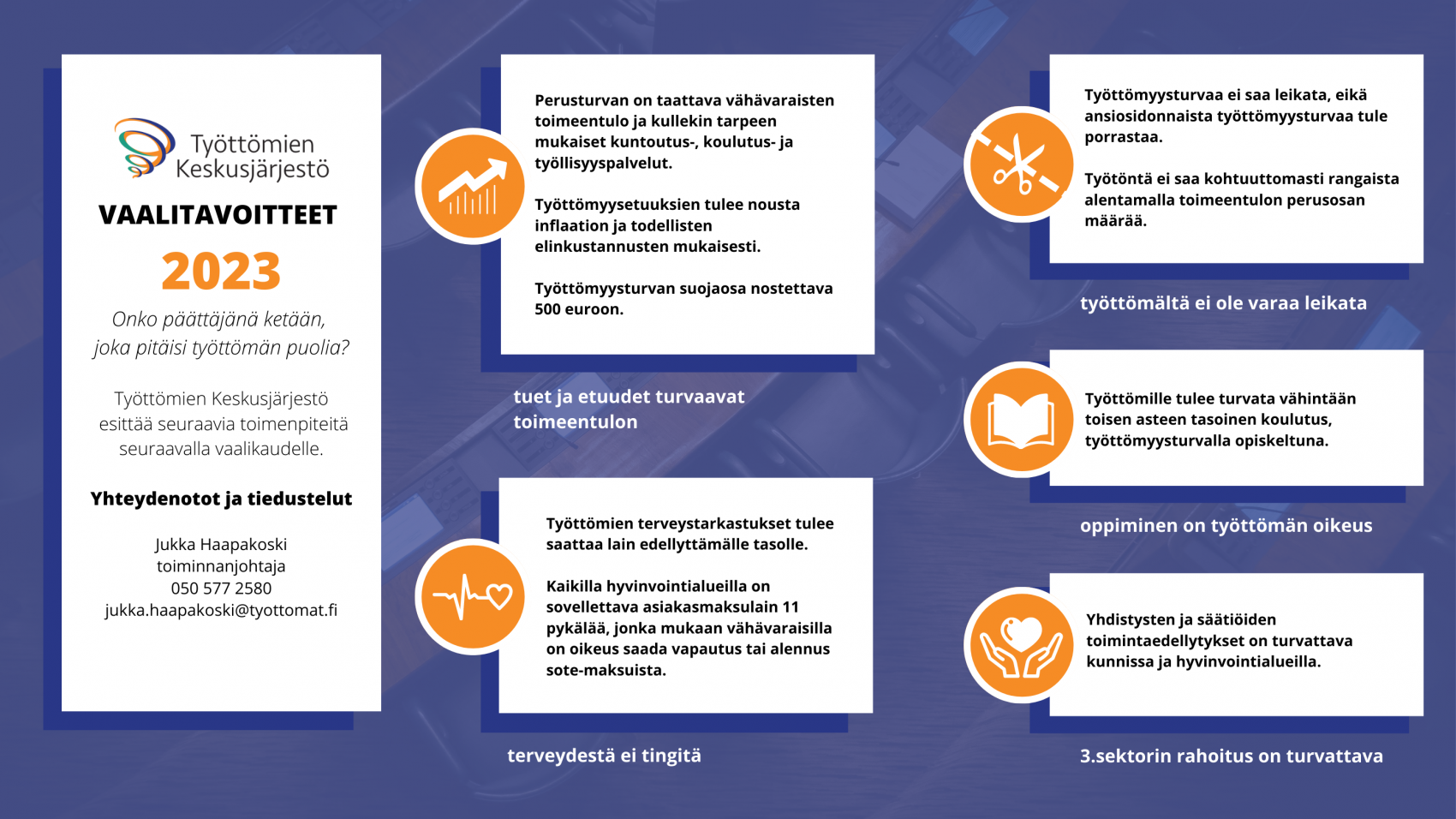infografi, vaalitavoitteet 2023 Työttömien Keskusjärjestö