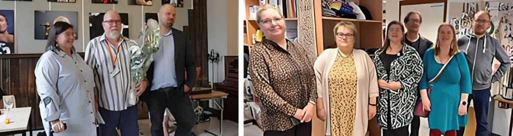 Vasemmalla: Työttömien Keskusjärjestön puheenjohtaja Irma Hirsjärvi sekä toiminnanjohtaja Jukka Haapakoski Turun Seudun TST:n 30-vuotisjuhlassa 17.8.2022. Keskellä Turun Seudun TST:n puheenjohtaja Petteri Peltomaa. Kuva: TST:n arkisto Oikealla: Työttömien Keskusjärjestön puheenjohtaja Irma Hirsjärvi Jyvässeudun työllistämisyhdistys JST:n 30-vuotisjuhlassa 20.5.2022.