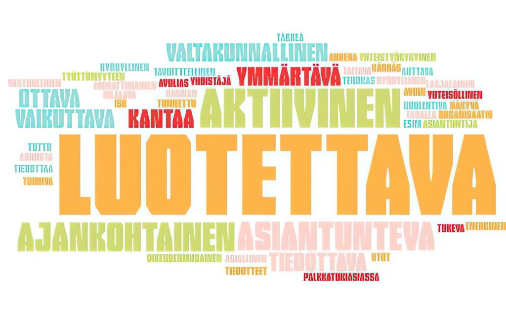 Lähde: Kysely 2/2023 TVS kysely -2023, jäsenedustajien vastaus kysymykseen ”kuvaile kolme adjektiivia, jotka kuvaavat Työttömien Keskusjärjestöä.”