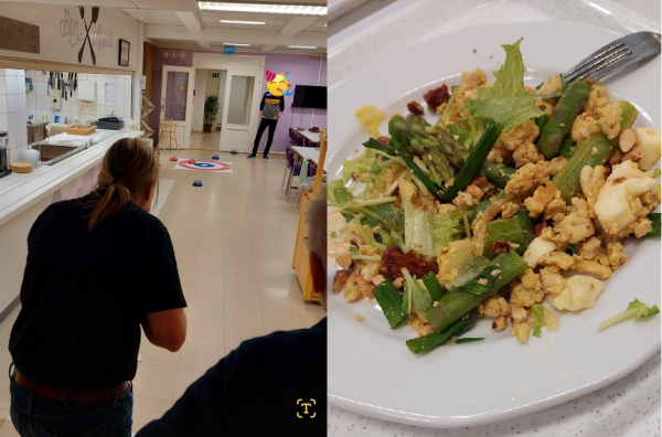 Kaksi vierekkäistä kuvaa, joista toisessa sisäcurlingin peluuta ja toisessa salaattia lautasella.